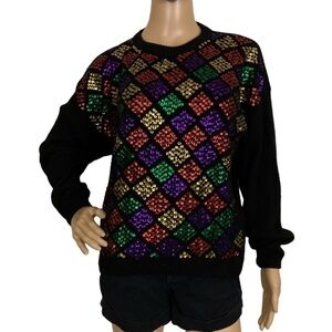 Vintage Multi Color Sequin Sweater Silk Rabbit Hair Lambswool Blend Size S